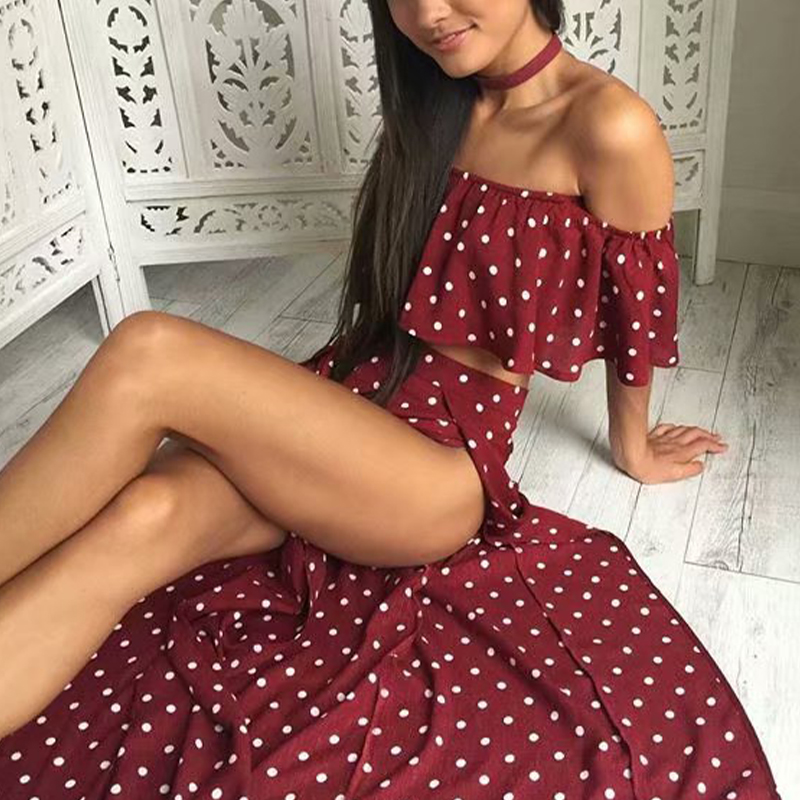 

Lovely Casual Dot Print Wine Red Two-piece Skirt Set