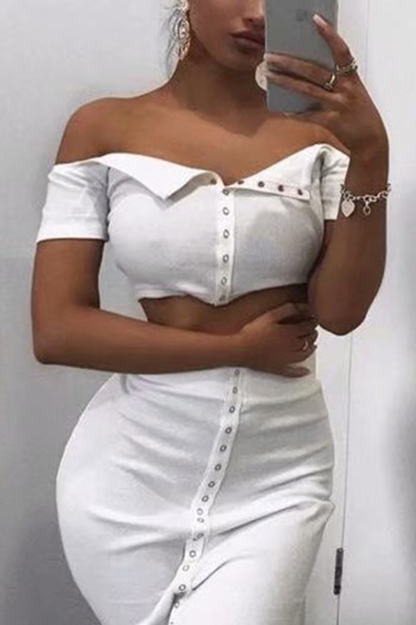 

Lovely Casual Button White Two-piece Skirt Set