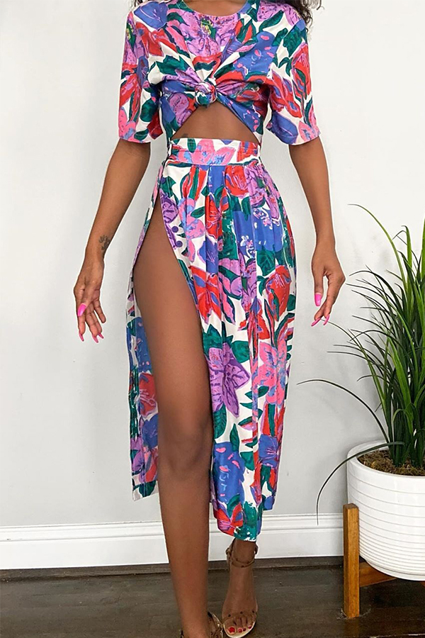 

Lovely Casual Print Slit Multicolor Two-piece Skirt Set, Multi
