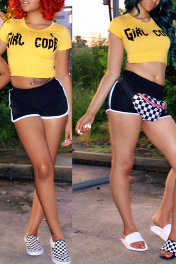 Lovely Casual Letter Print Yellow Two-piece Shorts Set