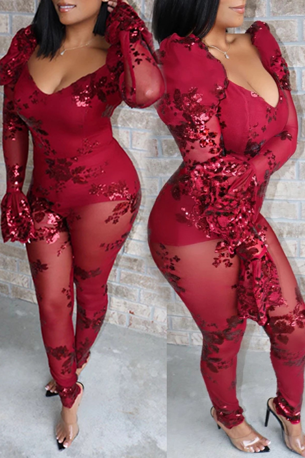 

Lovely Bohemian V Neck Patchwork Wine Red One-piece Jumpsuit