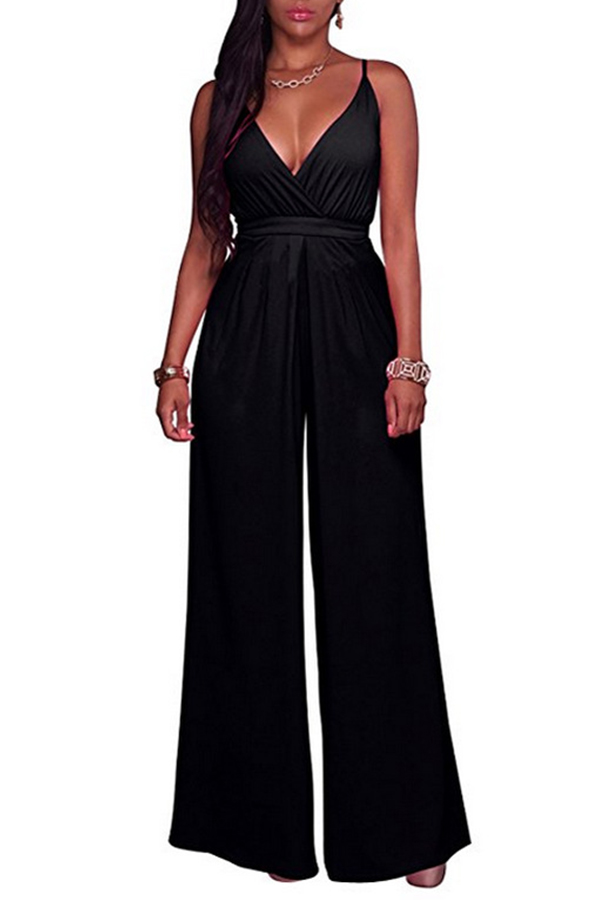 

Lovely Street V Neck Loose Black One-piece Jumpsuit