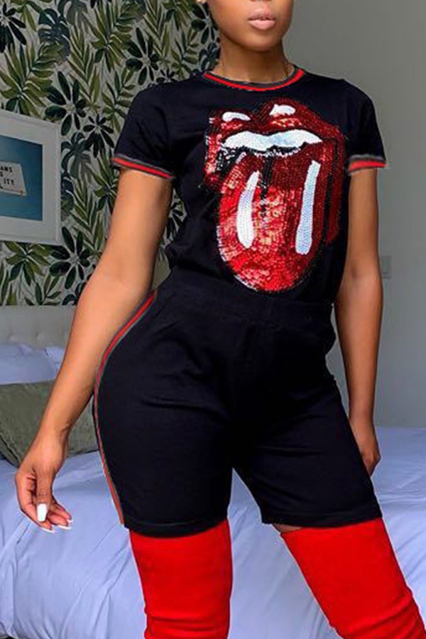 

Lovely Leisure Lip Print Black Two-piece Shorts Set