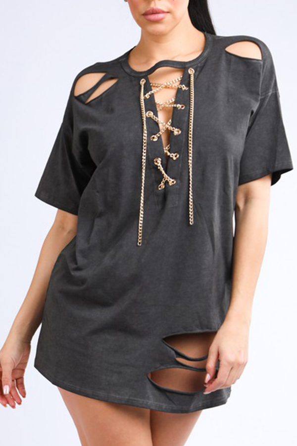 

Lovely Trendy O Neck Hollow-ou Black T-shirt