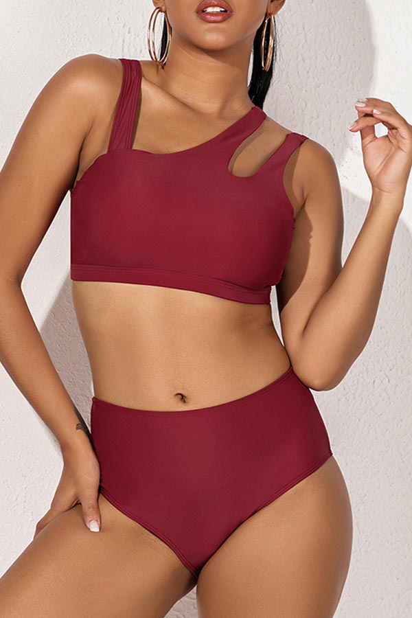 

Lovely Hollow-out Wine Red Tow-piece Swimsuit