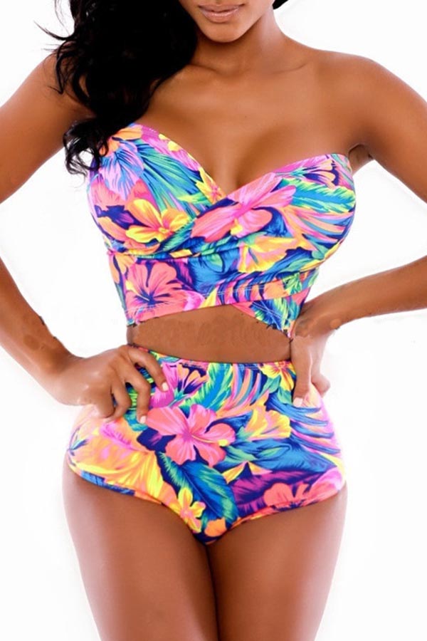 

Lovely Print Multicolor Bathing Suit Tow-piece Swimsuit, Multi