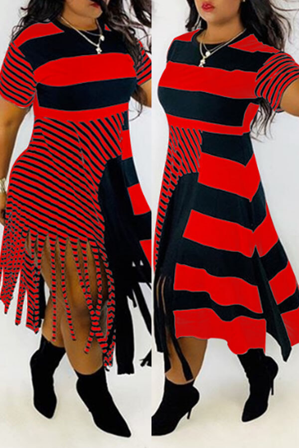 

Lovely Casual Tassel Print Red Plus Size Dress, Red stripe