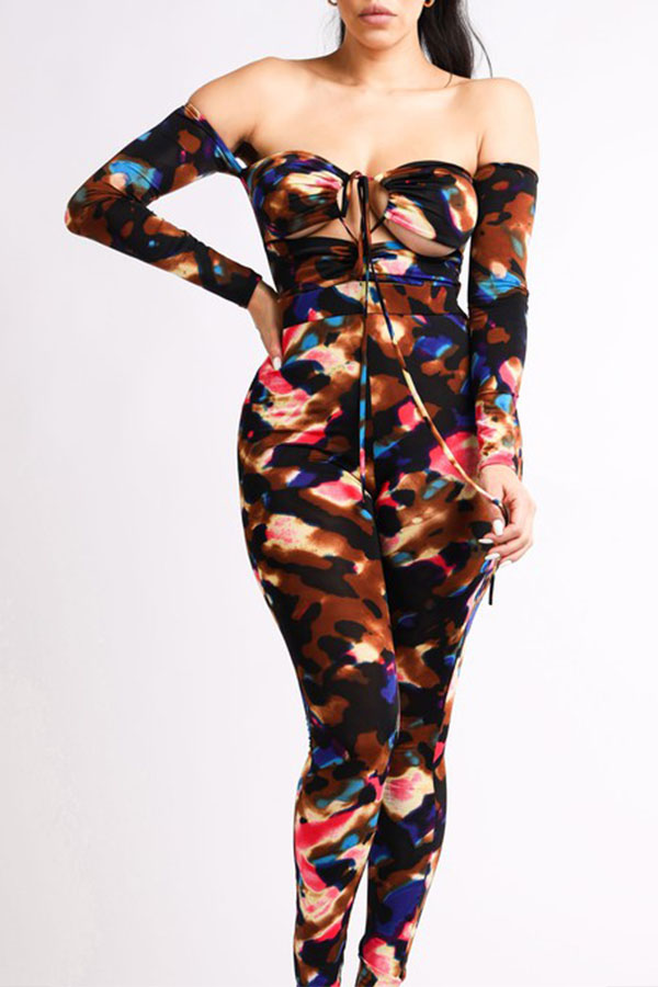 

Lovely Chic Dew Shoulder Print Brown One-piece Jumpsuit