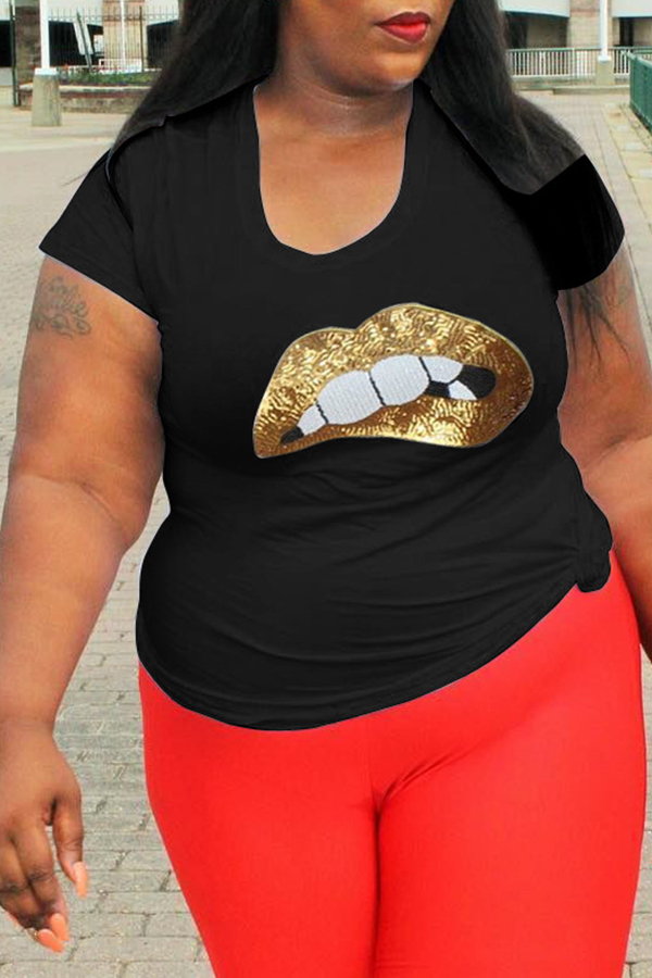 

Lovely Casual Lip Print Black Plus Size T-shirt