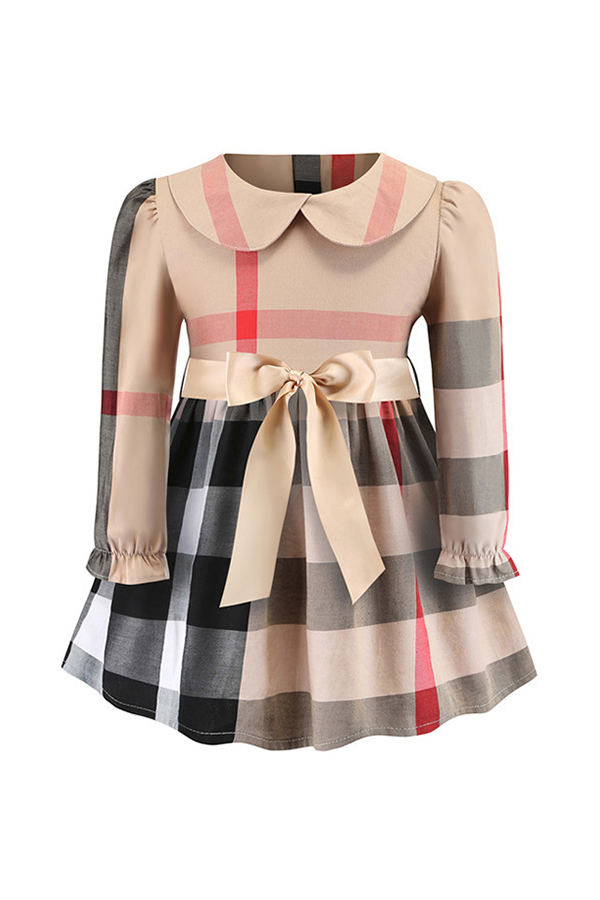 

Lovely Sweet Grid Print Apricot Girl Knee Length Dress