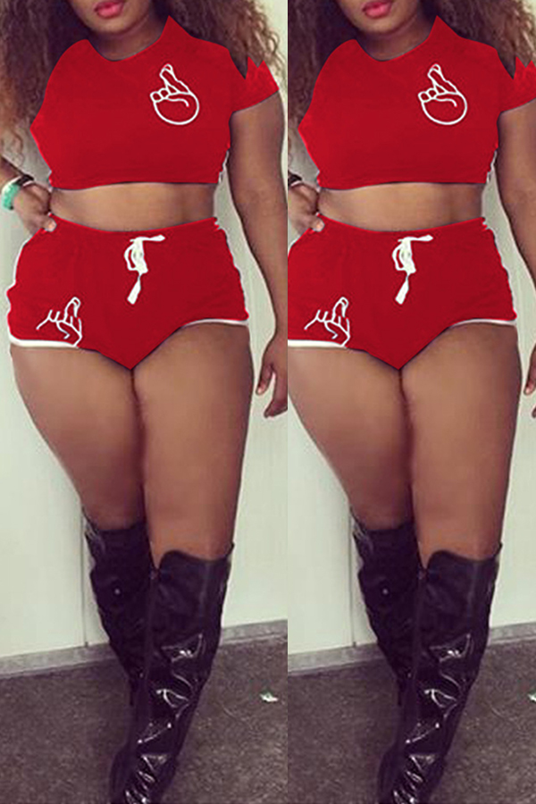 

Lovely Casual Print Red Two-piece Shorts Set