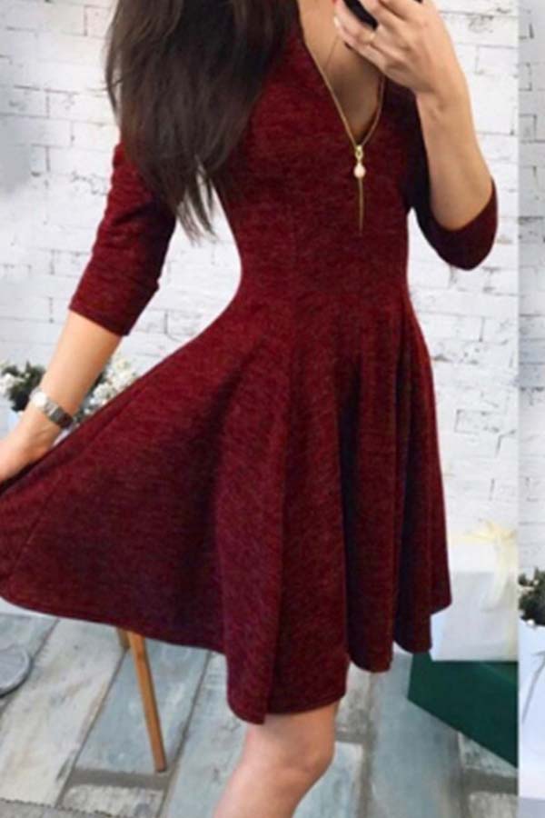 

Lovely Sweet Zipper Design Wine Red Mini Dress