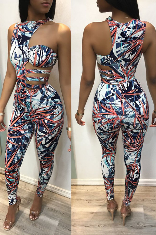 

Lovely Party One Shoulder Print Red One-piece Jumpsuit
