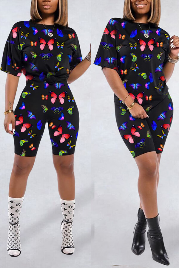 

Lovely Trendy Print Black Two-piece Shorts Set