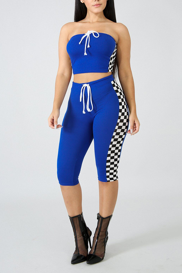 

Lovely Casual Patchwork Blue Two-piece Shorts Set