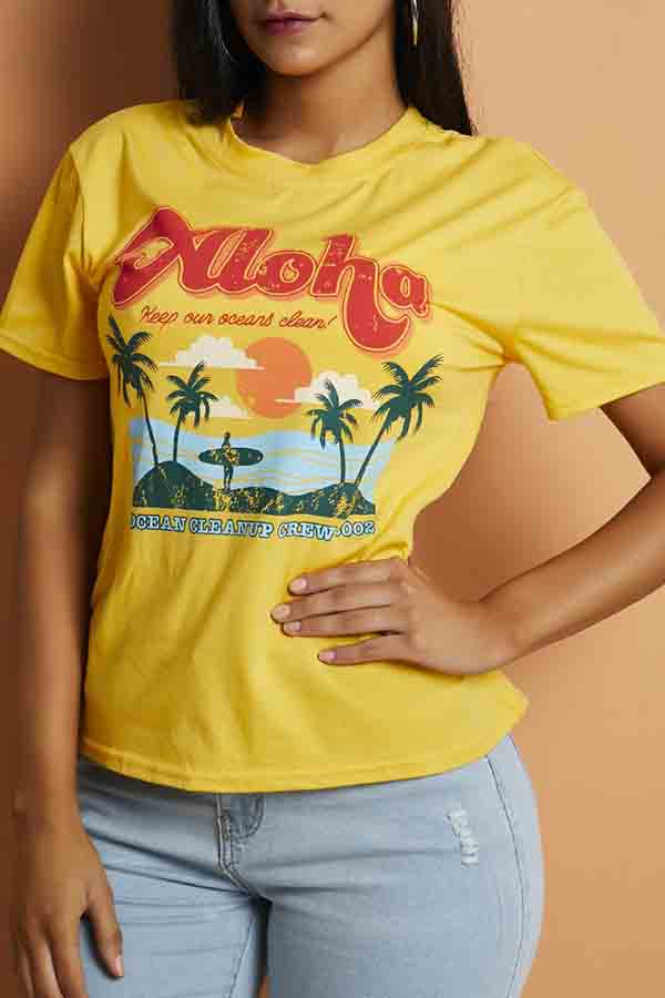 

Lovely Casual Print Yellow T-shirt