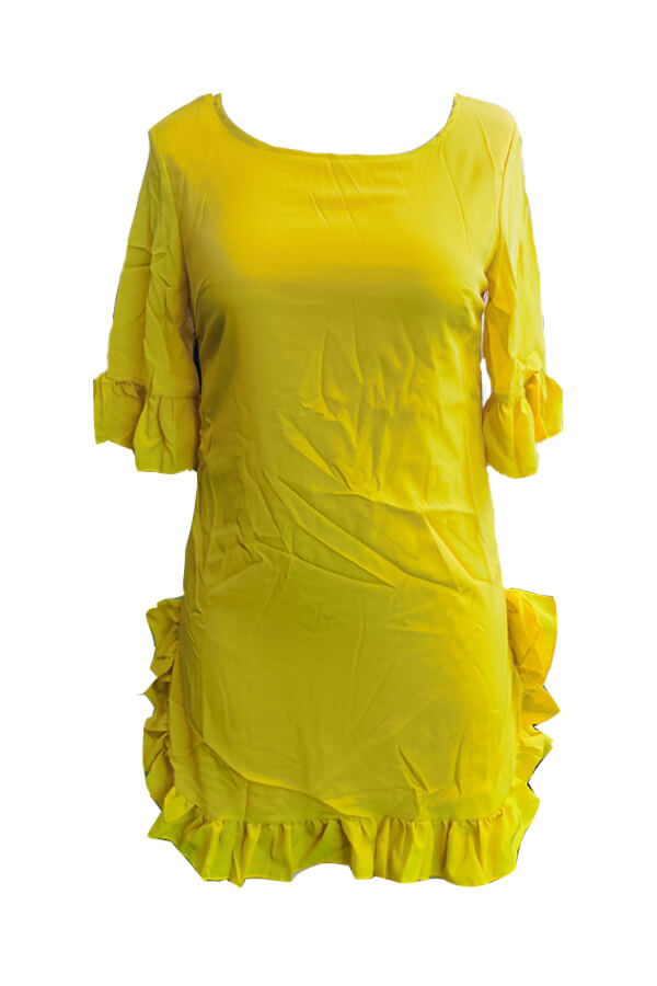 Lovely Sweet Ruffle Design Yellow Blending Mini Dress