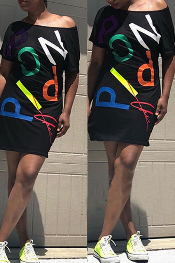 

Lovely Casual Letter Print Black Mini Dress