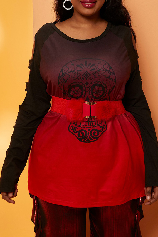 

Lovely Casual Patchwork Black Plus Size Blouse, Red