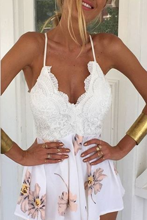 

Lovely Trendy Backless Patchwork White One-piece Romper