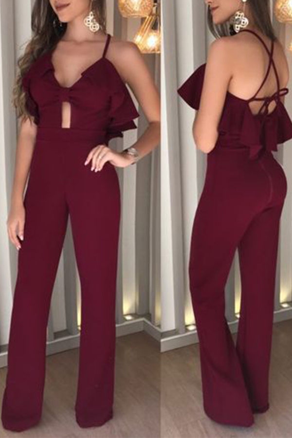 

Lovely Chic Flounce Wine Red One-piece Jumpsuit