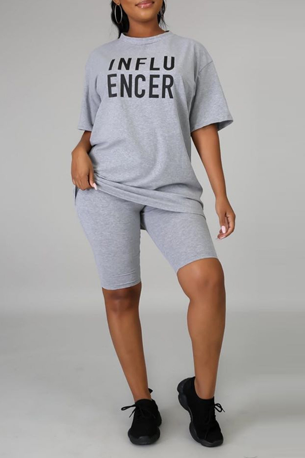 

Lovely Casual Letter Print Grey Two-piece Shorts Set