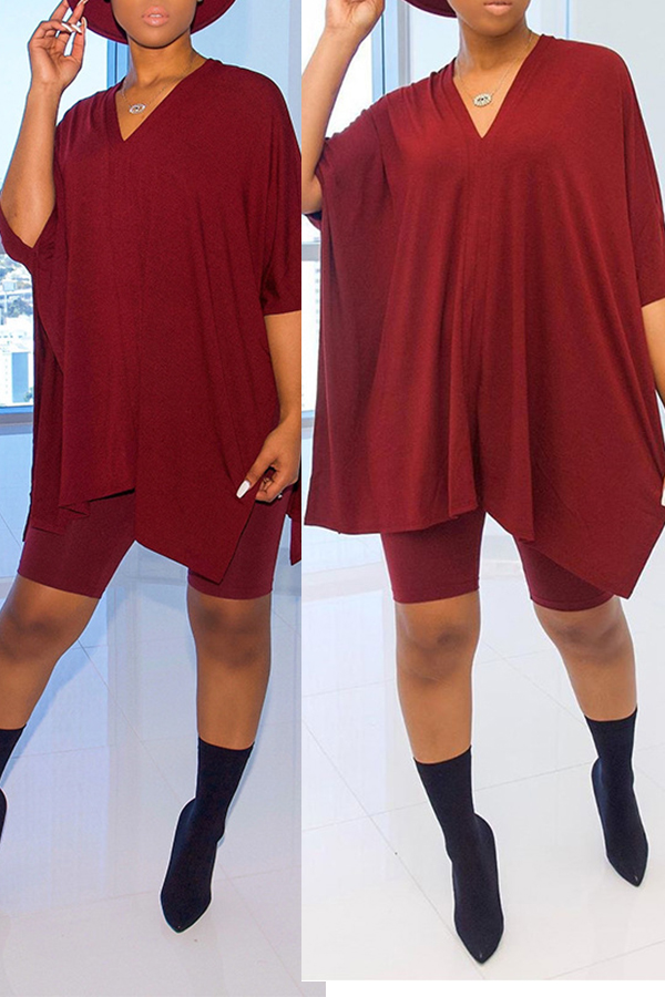 

Lovely Trendy Asymmetrical Wine Red Two-piece Shorts Set