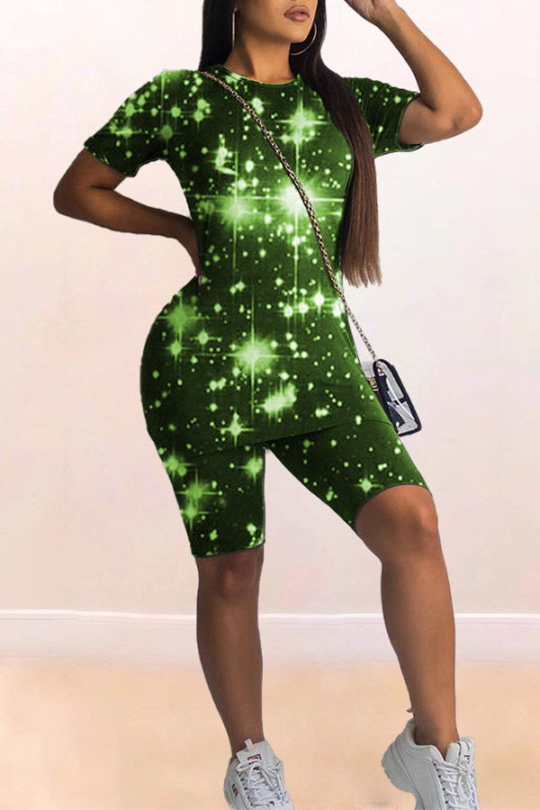 

Lovely Casual Starry Sky Print Green Two-piece Shorts Set