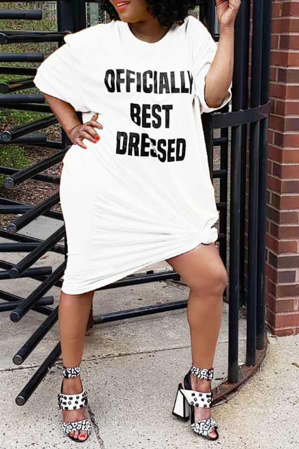 

Lovely Casual Letter Print White Mid Calf Dress