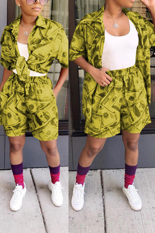 Lovely Casual Print Yellow Two-piece Shorts Set