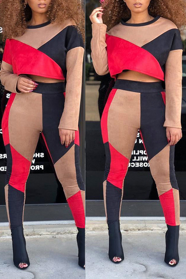 

Lovely Leisure Patchwork Red Two-piece Pants Set