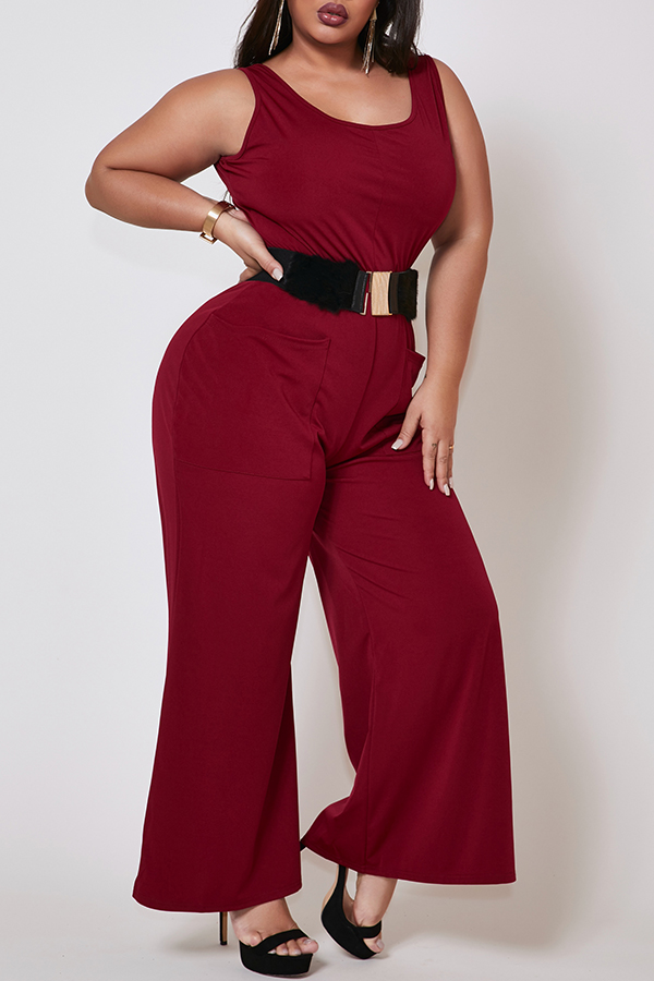 

Lovely Casual Pocket Patched Wine Red Plus Size One-piece Jumpsuit