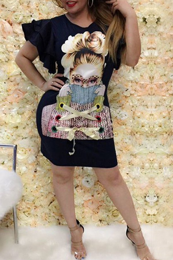 

Lovely Casual Print Black Mini Dress