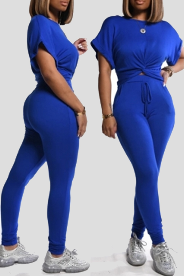 

Lovely Casual Skinny Blue Two-piece Pants Set