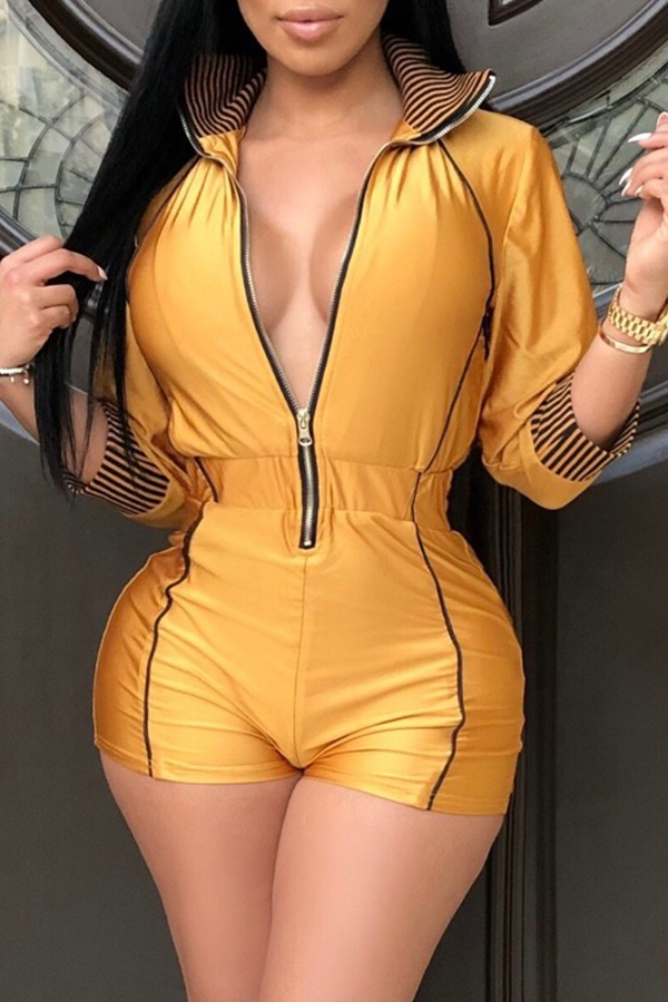 

Lovely Leisure Zipper Design Gold One-piece Romper