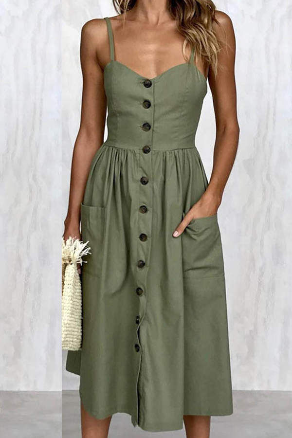 

Lovely Casual Buttons Design Army Green Mid Calf Dress