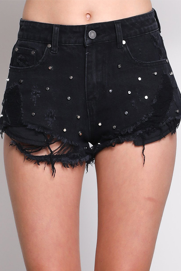 

Lovely Casual Broken Holes Black Shorts