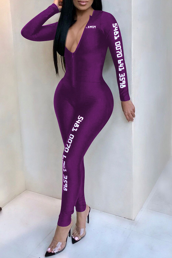 

Lovely Casual Zipper Design Purple One-piece Jumpsuit