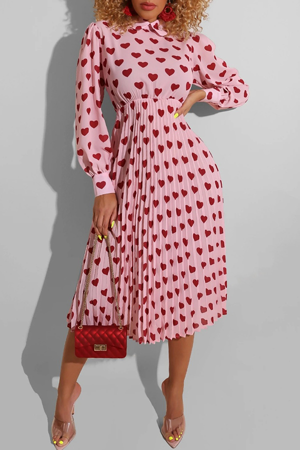 

Lovely Sweet Heart Print Pink Mid Calf Dress