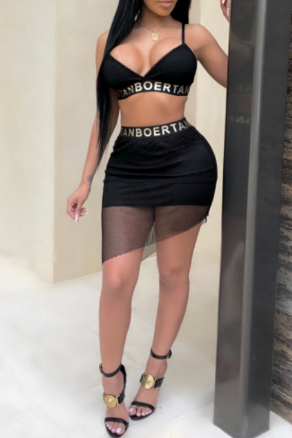 

Lovely Sexy Patchwork Black Two-piece Skirt Set