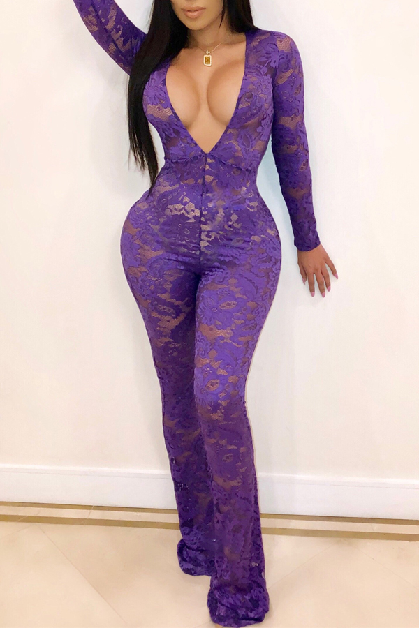 

Lovely Trendy Deep V Neck Print Purple One-piece Jumpsuit