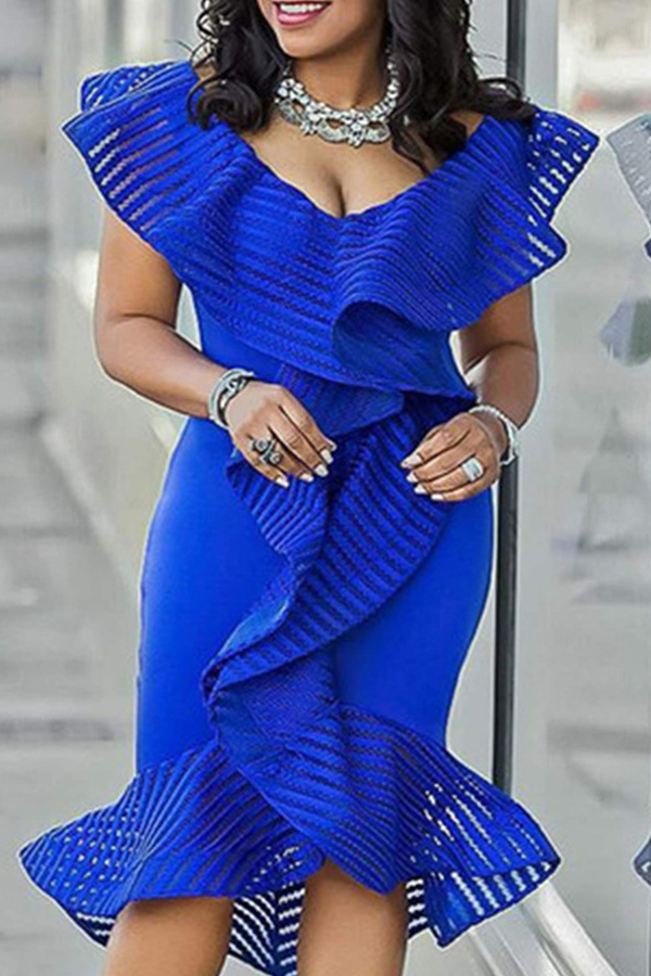 

Lovely Trendy Flounce Design Blue Mid Calf Dress