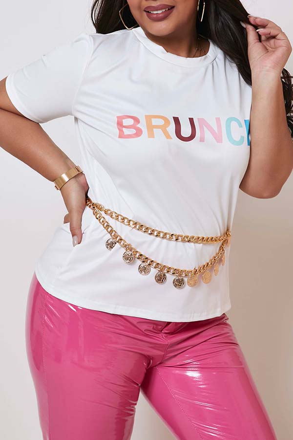 

Lovely Casual O Neck Letter Print White Plus Size T-shirt