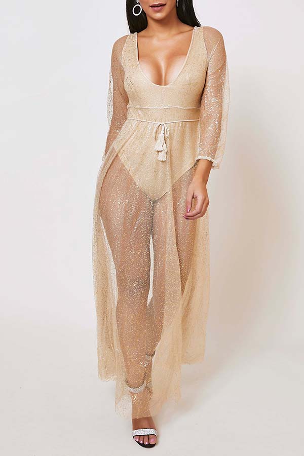 

Lovely Casual See-through Gold Ankle Length Dress