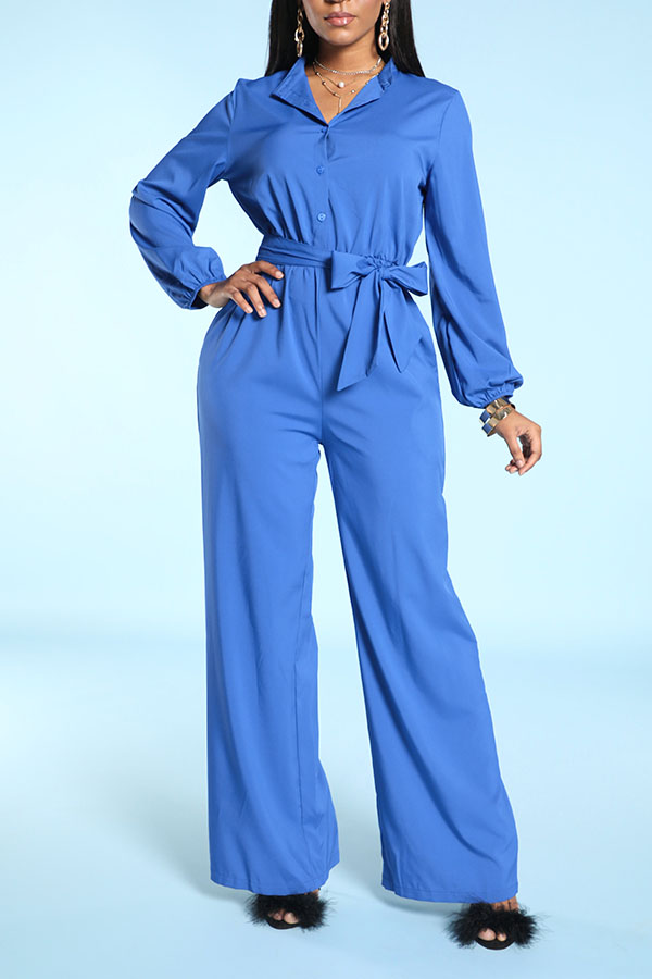 

Lovely Leisure Lace-up Loose Blue One-piece Jumpsuit