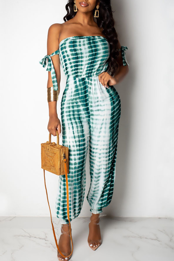 

Lovely Casual Lace-up Print Green One-piece Jumpsuit