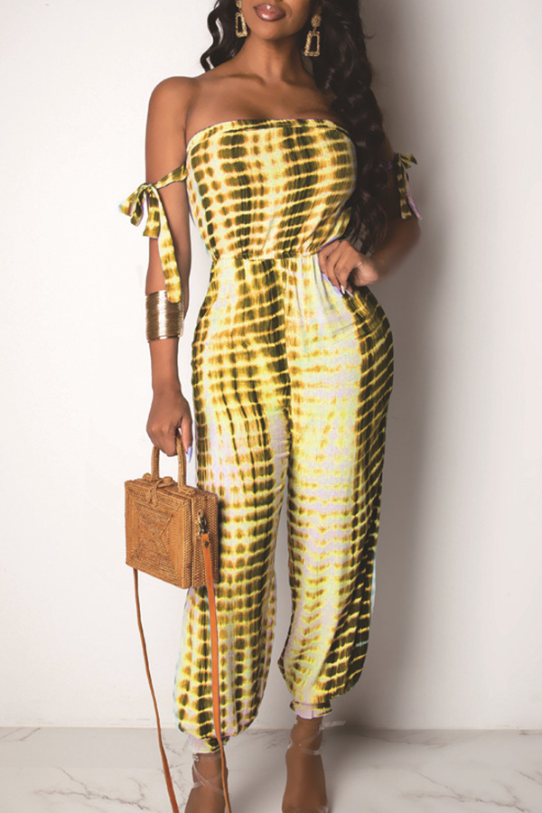 

Lovely Casual Lace-up Print Yellow One-piece Jumpsuit