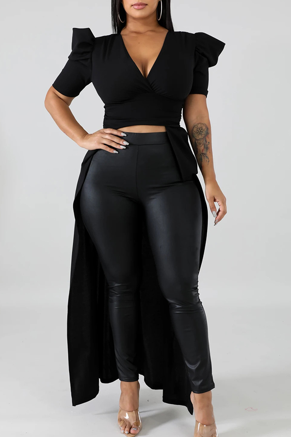 

Lovely Trendy Deep V Neck Asymmetrical Black Blouse