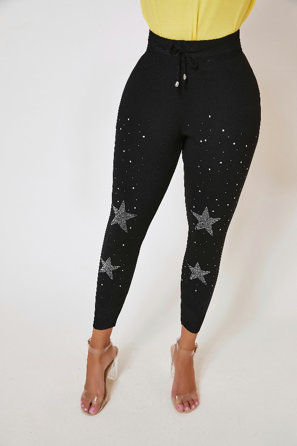 

Lovely Trendy Hot Drilling Decorative Black Pants
