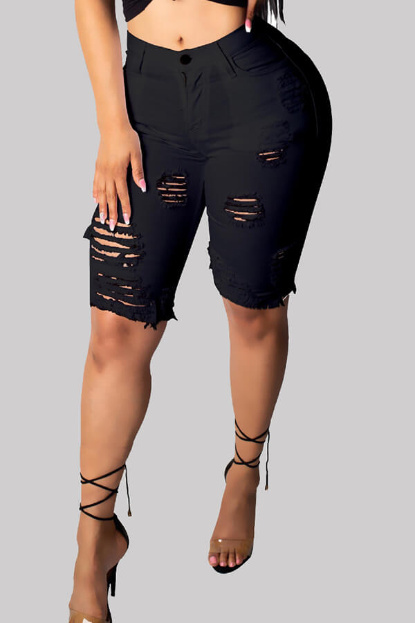

LW High Stretchy Hollow-out Black Shorts